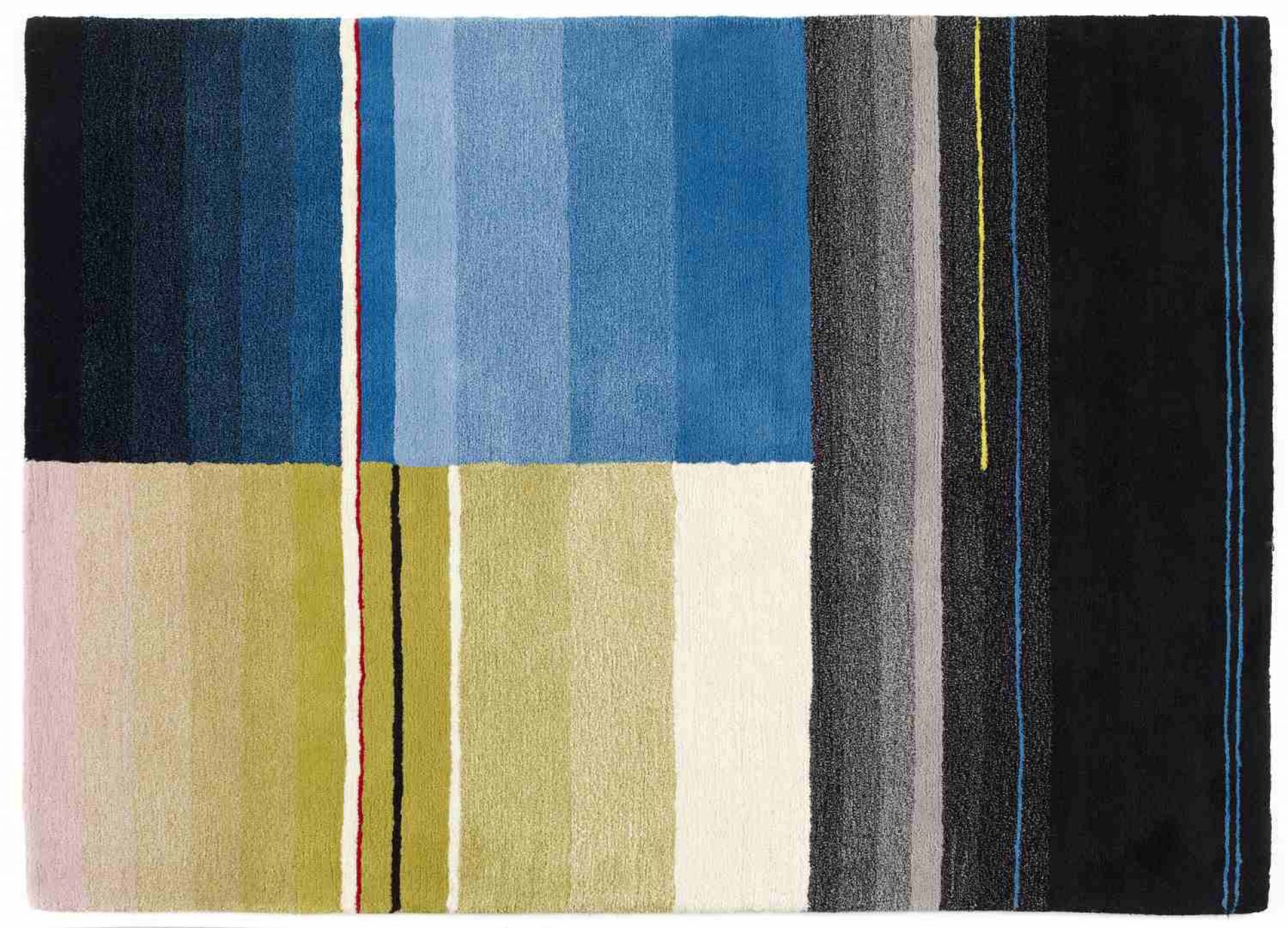 Detailansicht des Colour Carpet Teppichs von Hay mit abstraktem, farbenfrohem Streifenmuster in Blau, Grün, Grau und Schwarz.